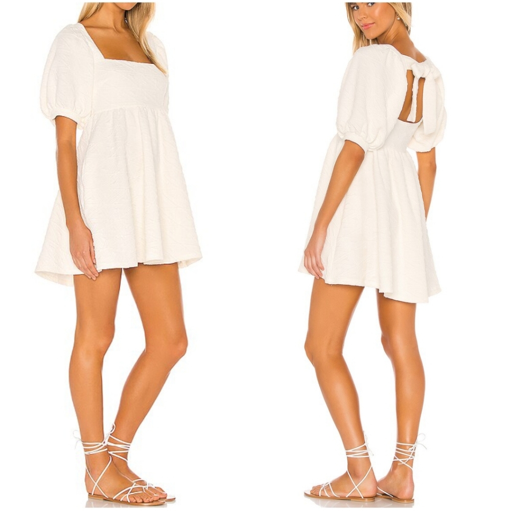 Free People Violet Mini Dress Ivory Square Neck Puff Sleeve Size M Boho - Picture 1 of 9